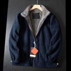 Aarenzza unisex double-layer hooded jacket in dark color, featuring a front zipper and adjustable drawstrings.