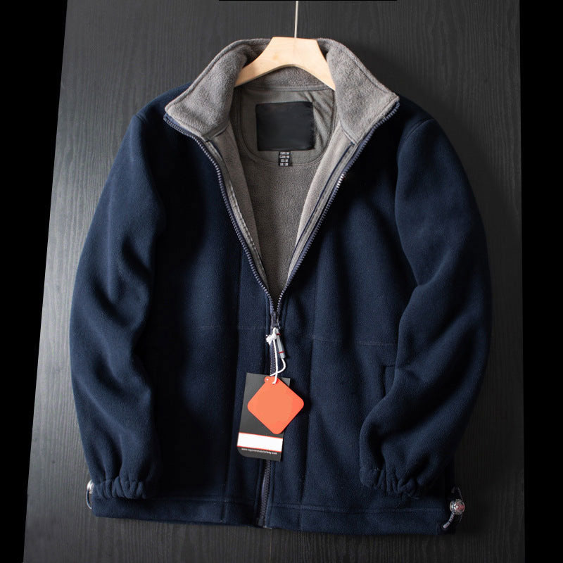 Aarenzza unisex double-layer hooded jacket in dark color, featuring a front zipper and adjustable drawstrings.