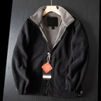 Aarenza unisex double-layer hooded jacket with front pockets, black and gray design, suitable for men and women.