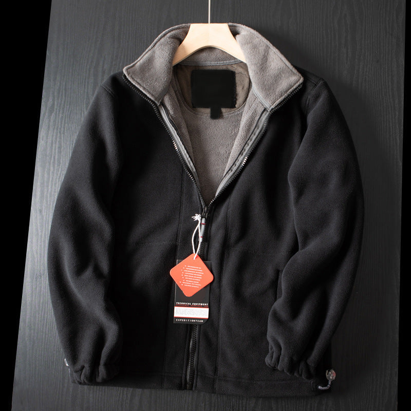 Aarenza unisex double-layer hooded jacket with front pockets, black and gray design, suitable for men and women.