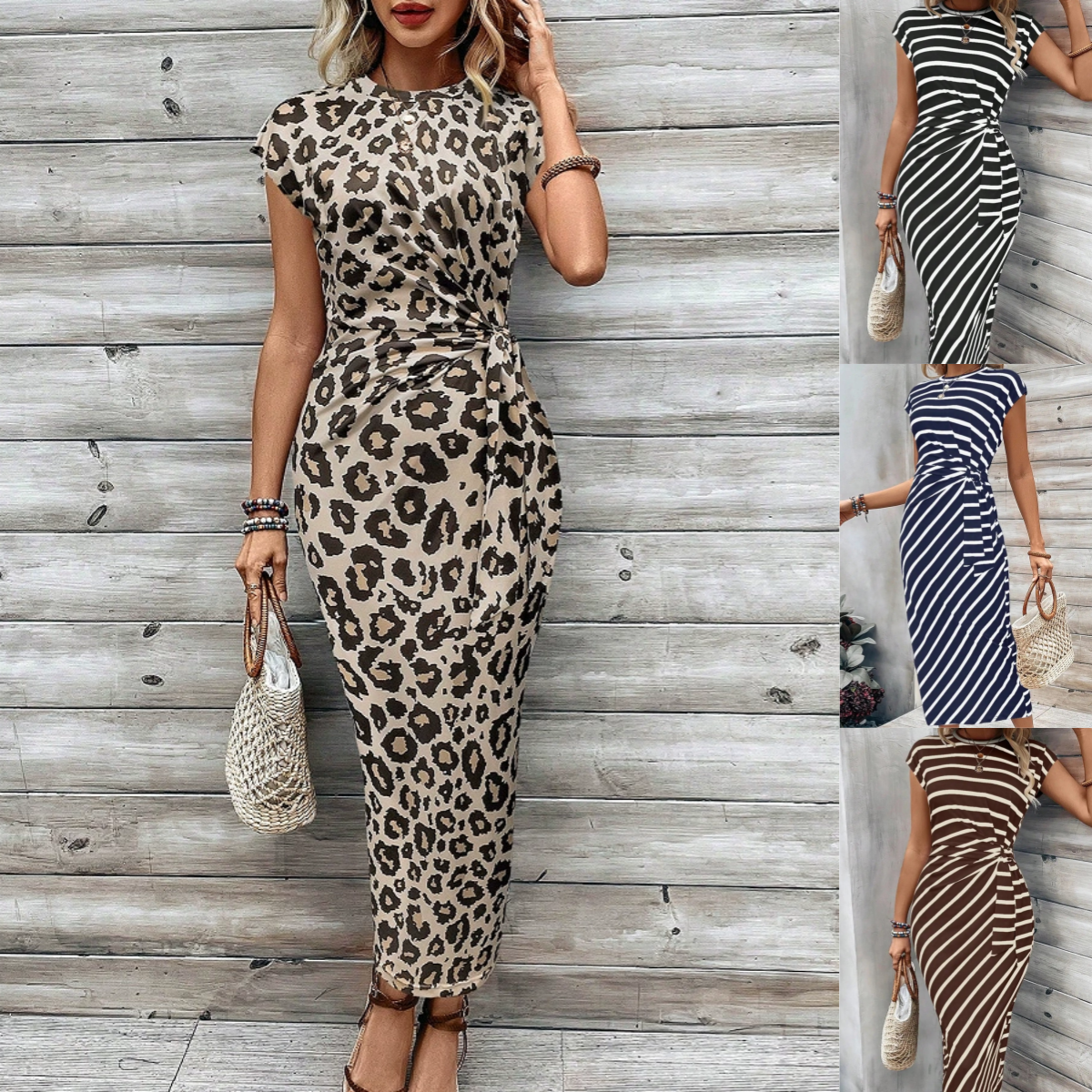 Aarenza women's leopard print knot bodycon dress featuring a tummy-flattering front knot, perfect for parties and date nights.