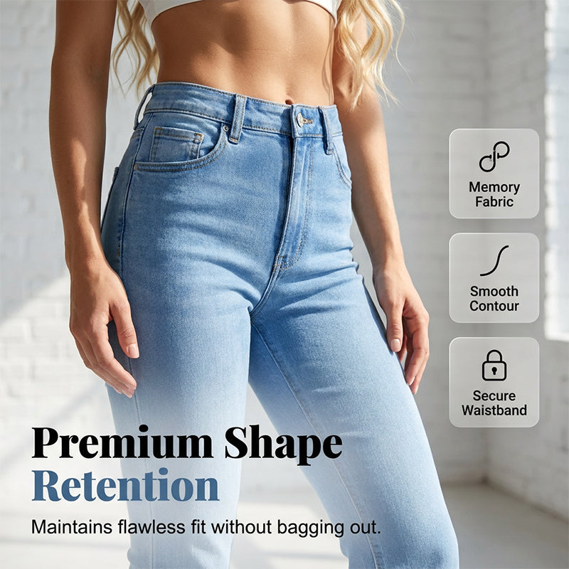 A woman wearing high-waist stretch flare jeans by Arenzza, showcasing the fit and stylish flare design on a plain background.