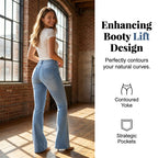 A pair of high-waist stretch flare jeans for women by Arenzza, showing the fitted waist and flared leg design.