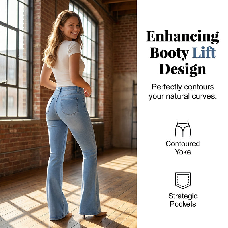 A pair of high-waist stretch flare jeans for women by Arenzza, showing the fitted waist and flared leg design.