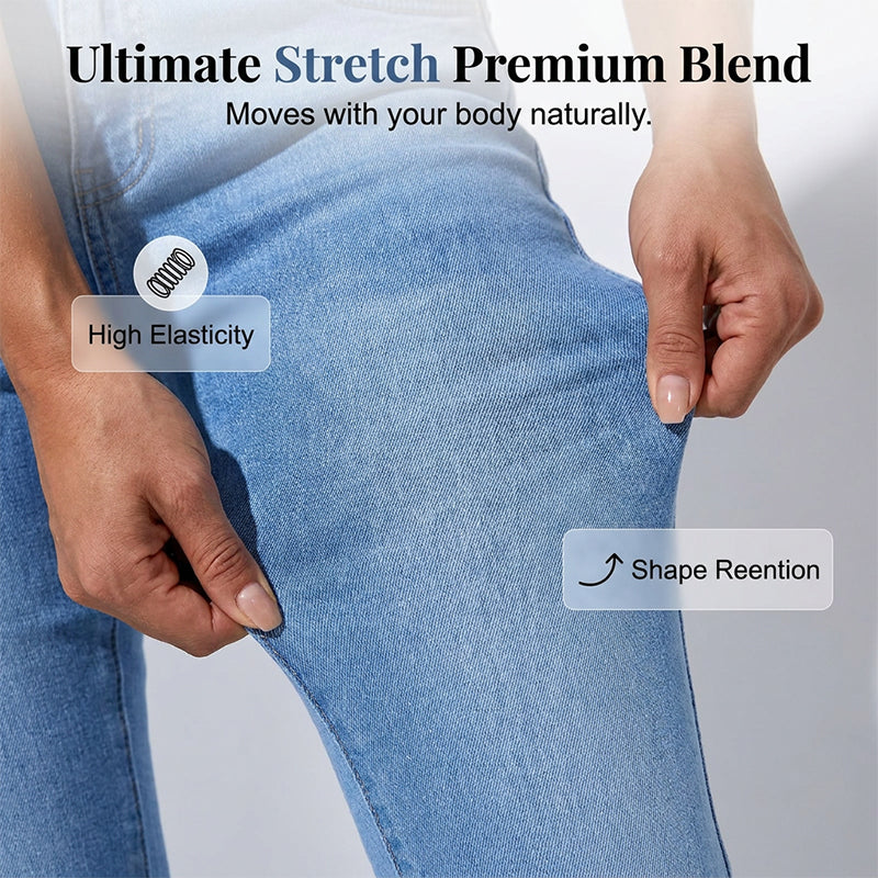 A pair of high-waist stretch flare jeans for women by Arenzza, showing the fit and style on a model in a casual outfit.