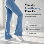 A woman wearing high-waist stretch flare jeans from Arenzza, showcasing the fit and stylish flare silhouette in a casual setting.