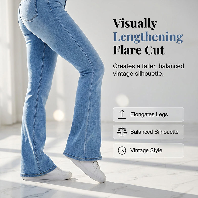 A woman wearing high-waist stretch flare jeans from Arenzza, showcasing the fit and stylish flare silhouette in a casual setting.