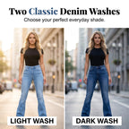 A pair of high-waist stretch flare jeans for women from Arenzza, featuring a fitted waist and flared leg design.