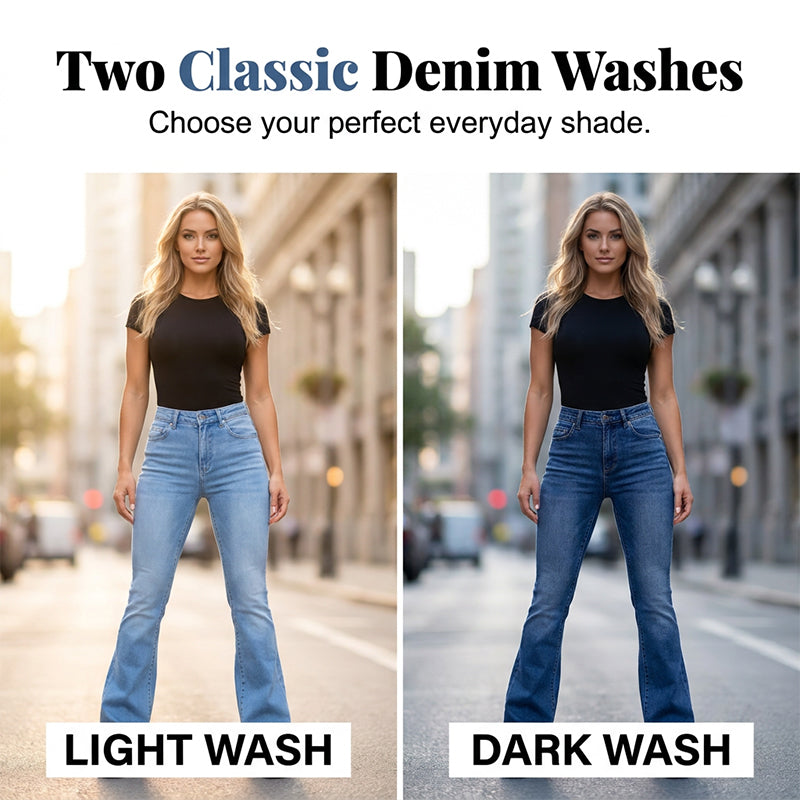 A pair of high-waist stretch flare jeans for women from Arenzza, featuring a fitted waist and flared leg design.