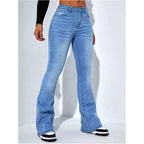 A woman wearing high-waist stretch flare jeans by Arenzza, showcasing the fitted waist and flared leg design.