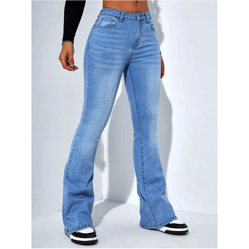 A woman wearing high-waist stretch flare jeans by Arenzza, showcasing the fitted waist and flared leg design.