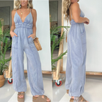 Aarenza women's deep V-neck denim jumpsuit featuring long sleeves and a fitted waist, casual stylish clothing for women.