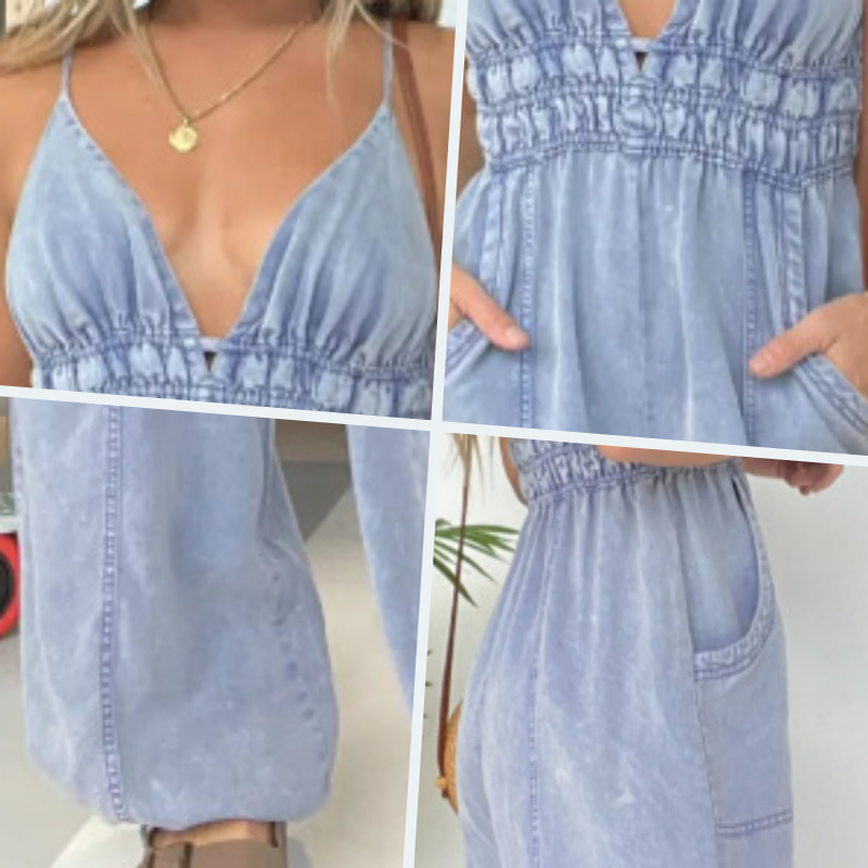 Women’s deep V-neck denim jumpsuit by Arenzza, showcasing the stylish fit and design of this trendy denim clothing piece.