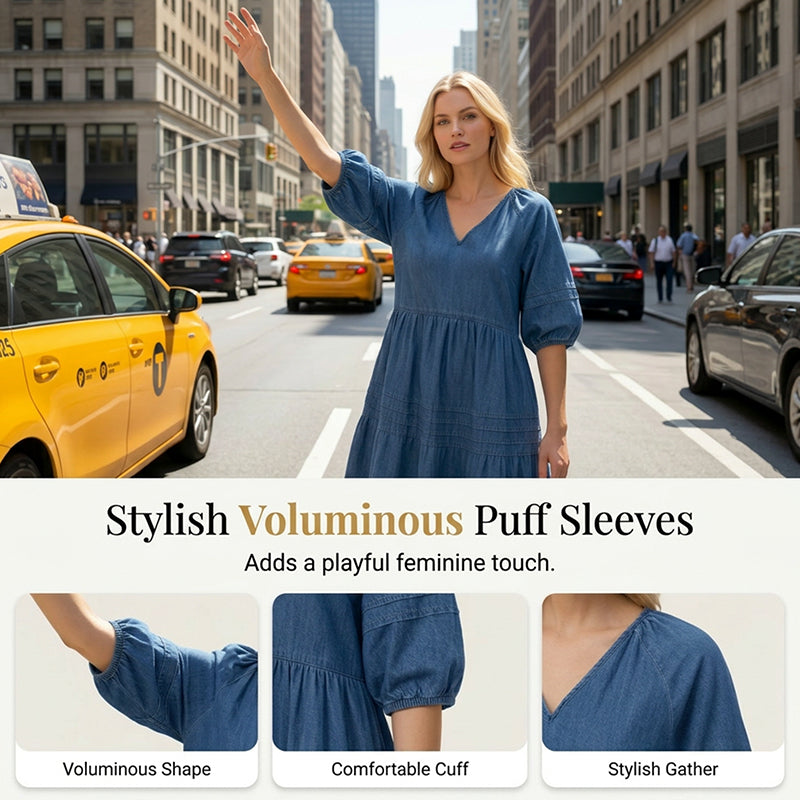 Women’s loose fit casual denim dress by Arenzza, shown in a relaxed denim style with a casual, comfortable silhouette.