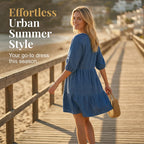 Aarenza women's loose fit casual denim dress displayed on a hanger, showcasing a relaxed style and classic denim fabric.