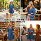 Aarenza women's loose fit casual denim dress with long sleeves and front pockets, styled for everyday wear.