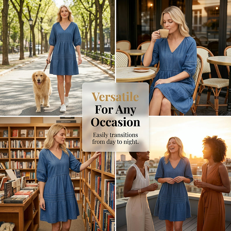Aarenza women's loose fit casual denim dress with long sleeves and front pockets, styled for everyday wear.