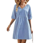 Aarenza women's loose fit casual denim dress, stylish and comfortable, shown on a model with long sleeves and a relaxed silhouette.