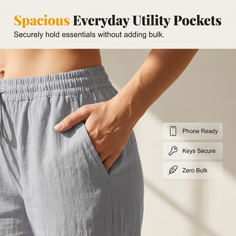 A pair of beige Arenzza ultra-comfort drawstring pants with relaxed fit, soft breathable fabric, and functional pockets.