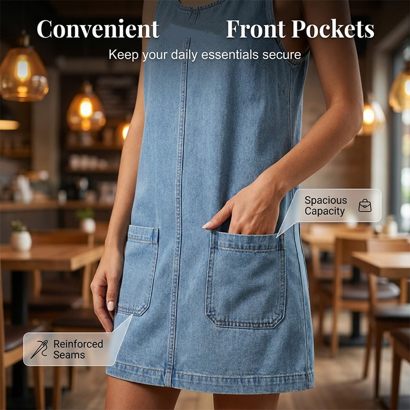 A woman wearing a blue denim pinafore dress by Arenzza, casual style, with adjustable straps and front pocket details.