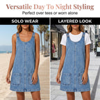 Women's casual denim pinafore dress by Arenzza, featuring a sleeveless design with front pockets and adjustable straps.