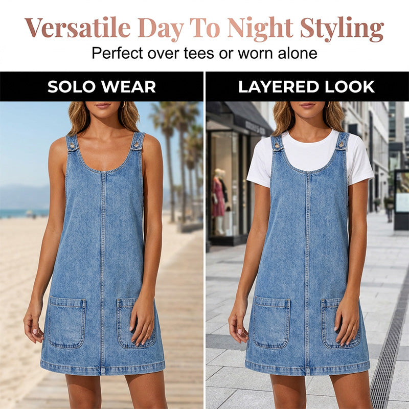 Women's casual denim pinafore dress by Arenzza, featuring a sleeveless design with front pockets and adjustable straps.