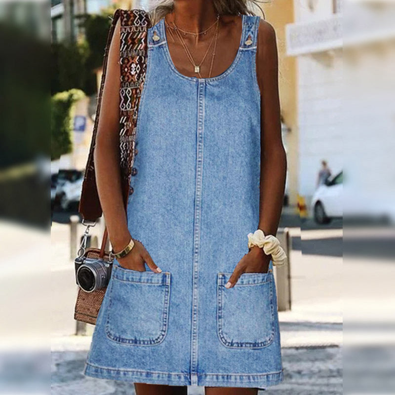 Women's casual denim pinafore dress by Arenzza featuring a fitted bodice and flared skirt, styled with shoulder straps and front pockets.