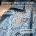 Women's loose floral lace patchwork denim jacket by Arenzza featuring floral lace details and casual denim style.