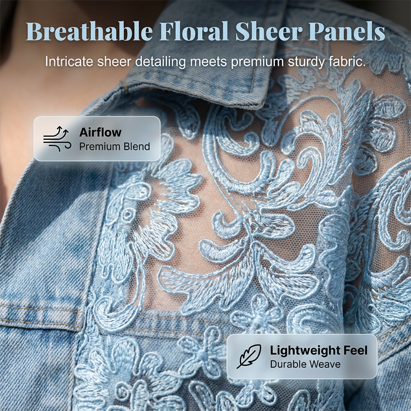 Women's loose floral lace patchwork denim jacket by Arenzza featuring floral lace details and casual denim style.