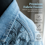 Women's loose floral lace patchwork denim jacket by Arenzza featuring floral lace details, patchwork design, and relaxed fit.