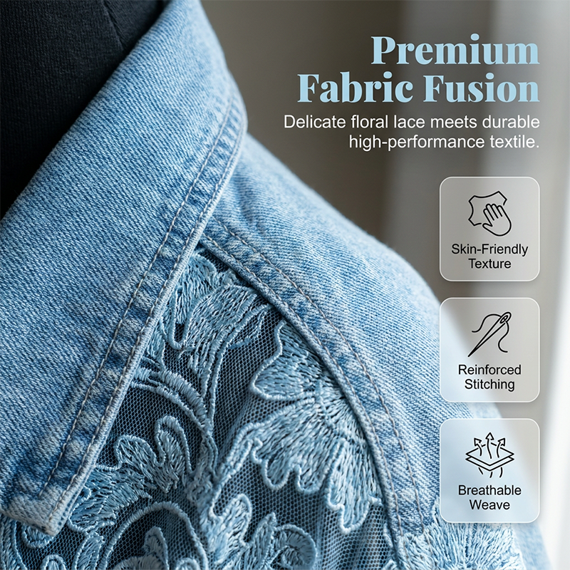 Women's loose floral lace patchwork denim jacket by Arenzza featuring floral lace details, patchwork design, and relaxed fit.