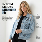 Women's loose floral lace patchwork denim jacket by Arenzza, featuring floral lace details and casual denim style.