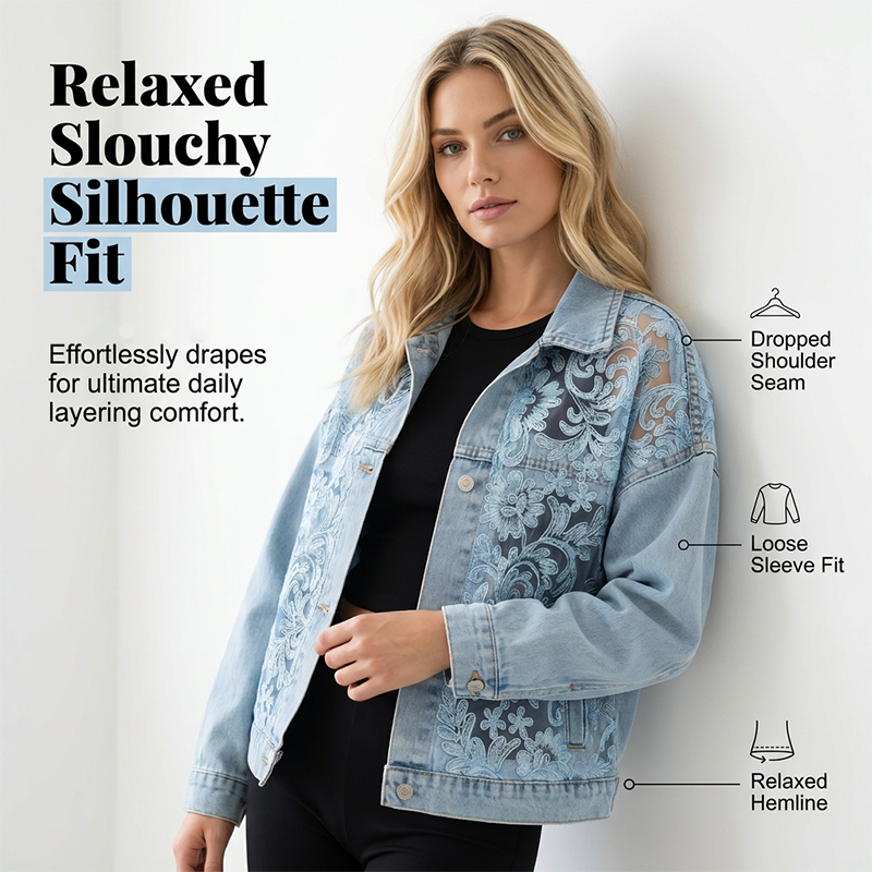 Women's loose floral lace patchwork denim jacket by Arenzza, featuring floral lace details and casual denim style.