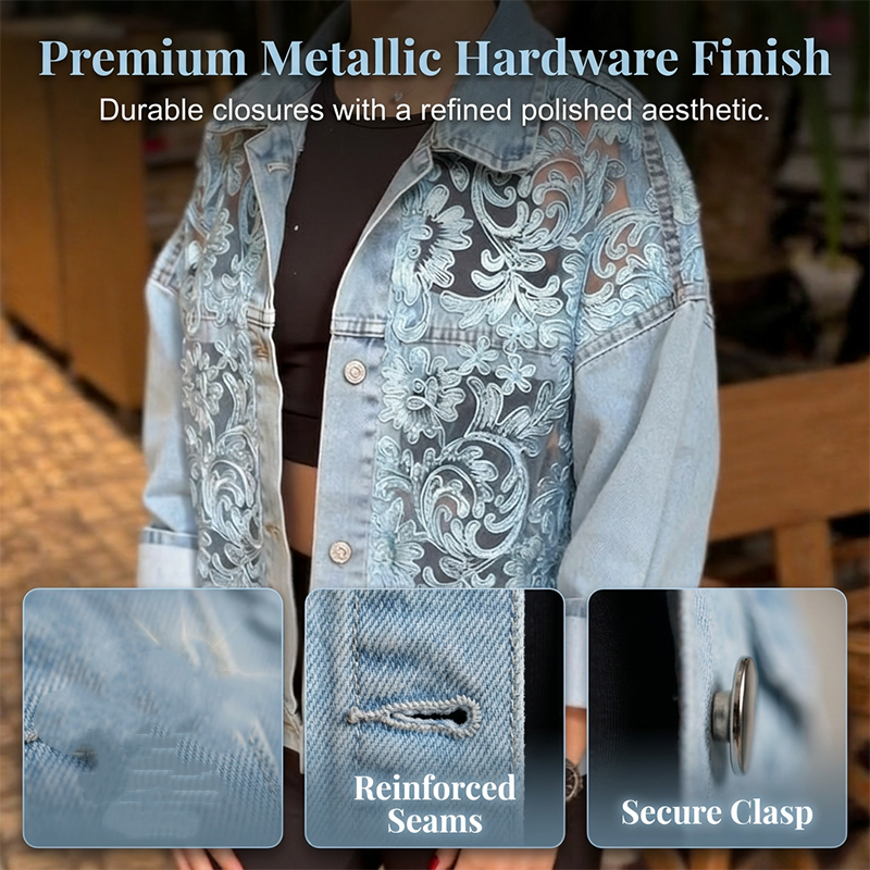 Women's loose floral lace patchwork denim jacket by Arenzza, showcasing intricate lace details and casual fit.