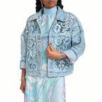 Women's loose floral lace patchwork denim jacket by Arenzza, showcasing floral lace details and casual denim style.