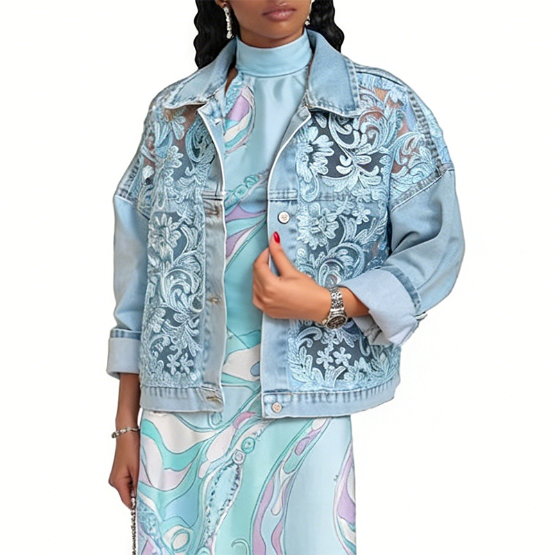 Women's loose floral lace patchwork denim jacket by Arenzza, showcasing floral lace details and casual denim style.