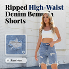 A pair of women's ripped high-waist denim Bermuda shorts by Arenzza, showcasing distressed details and classic fit.