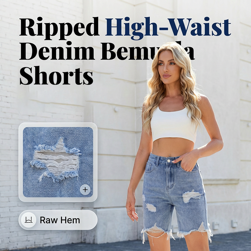 A pair of women's ripped high-waist denim Bermuda shorts by Arenzza, showcasing distressed details and classic fit.