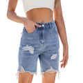 A pair of women's ripped high-waist denim Bermuda shorts by Arenzza with distressed details and frayed hems, styled for casual wear.