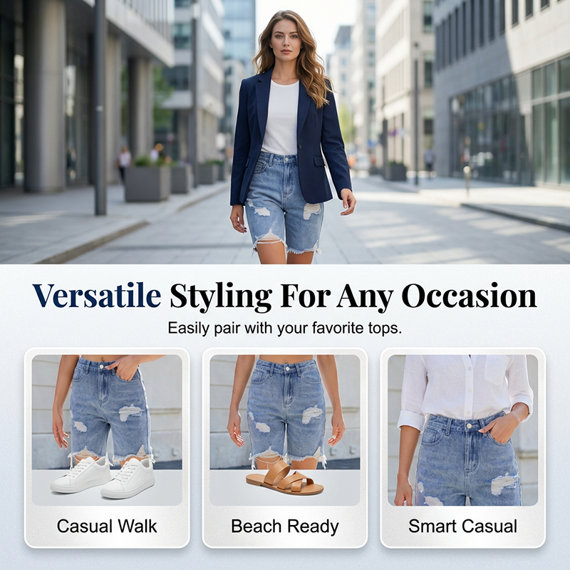 A pair of women's ripped high-waist denim Bermuda shorts from Arenzza with distressed details and a classic blue denim finish.