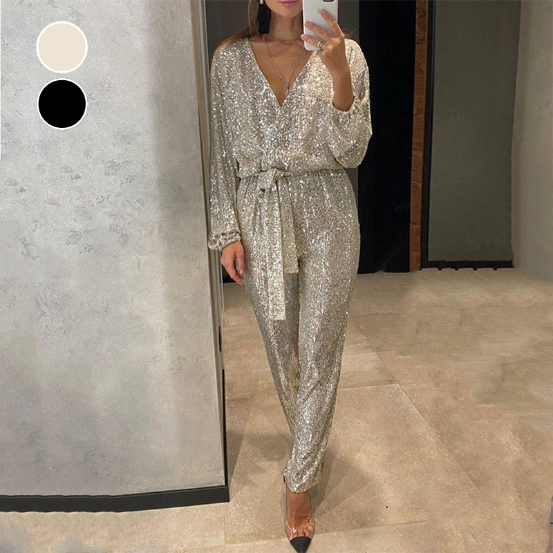 Aarenza women's sparkly v-neck belted jumpsuit with long sleeves and fitted waist, showcasing stylish evening wear.
