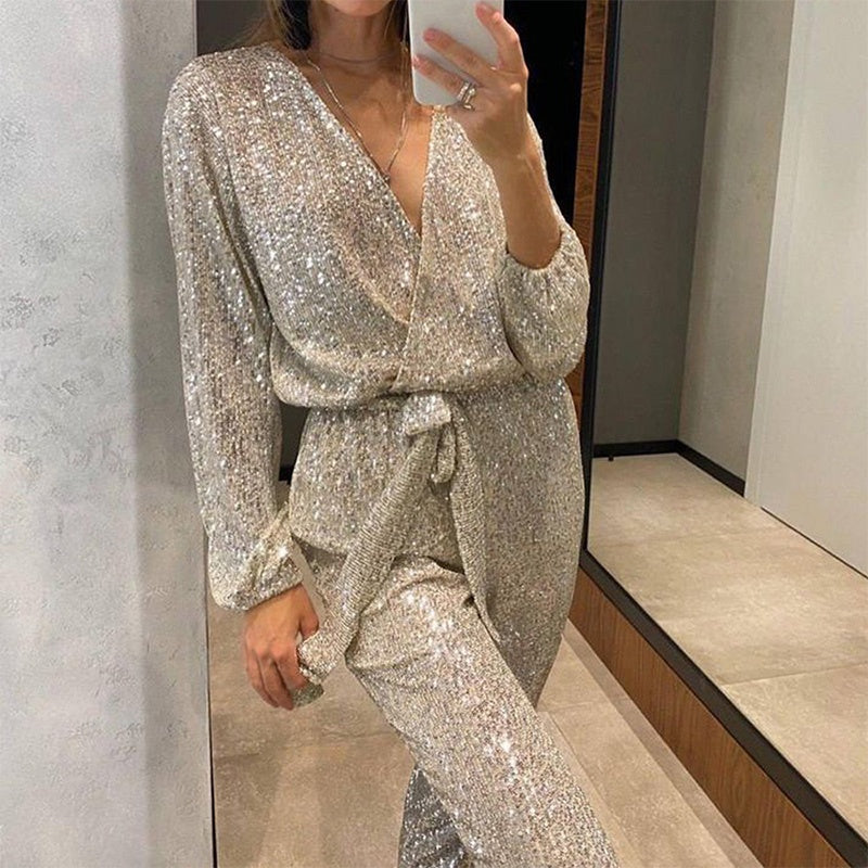 Aarenza women's sparkly V-neck belted jumpsuit with long sleeves, stylish and fitted, perfect for evening wear or special occasions.