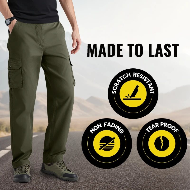 Men’s multi-pocket cargo pants by Arenzza featuring multiple storage pockets and a relaxed fit, made from durable fabric.