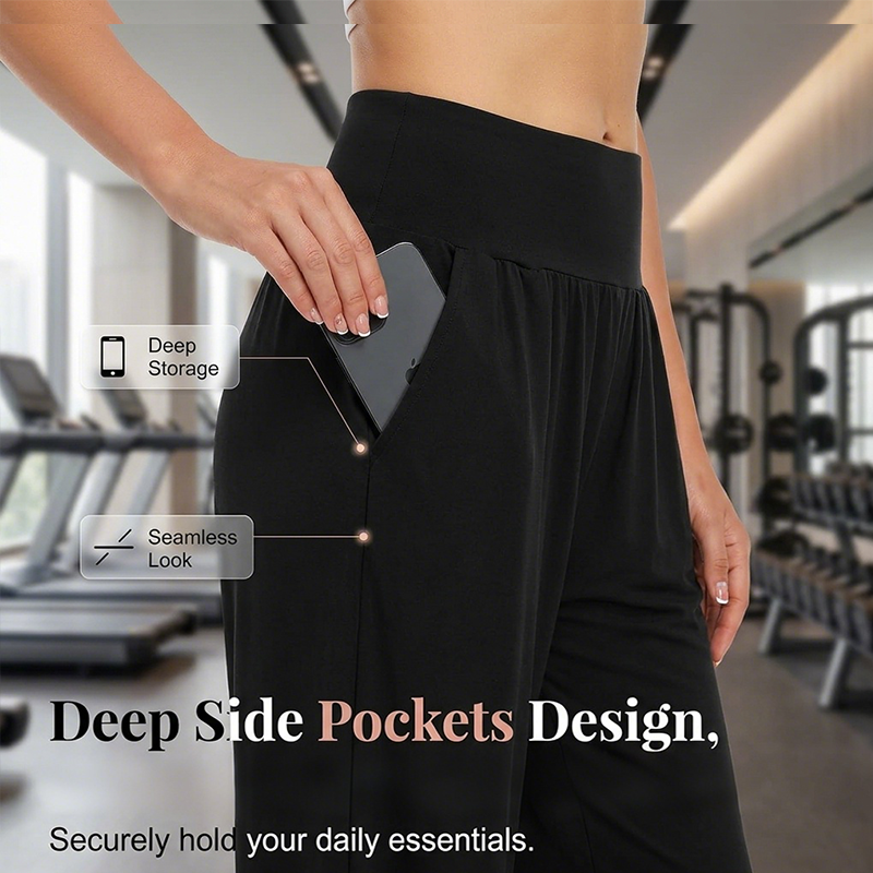 Arenzza high-waist yoga and lounge pants with pockets, made for comfort, shown in a relaxed fit with a soft fabric appearance.
