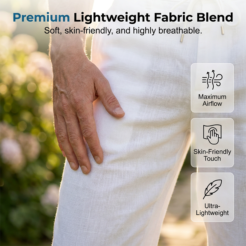 Men's casual straight leg pants by Arenzza, shown in a neutral color, displayed folded with a focus on the waistband and fabric texture.