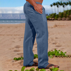 Men's Arenzza casual straight leg pants in neutral fabric, shown folded with waistband and pockets visible.