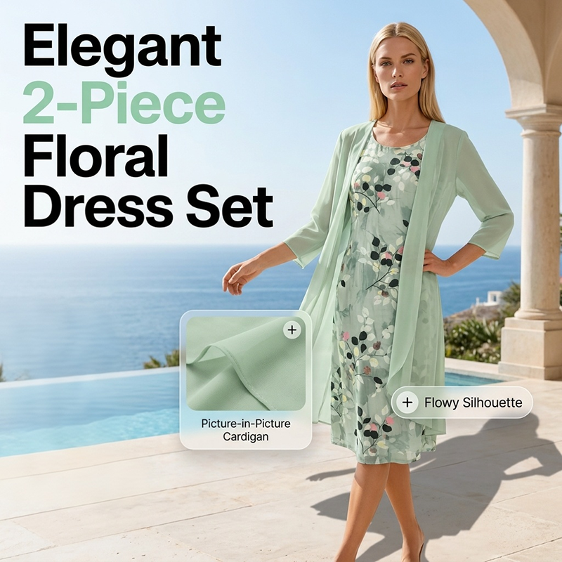 Elegant women's chiffon dress and cardigan 2-piece set by Arenzza, featuring flowing fabric and stylish design.