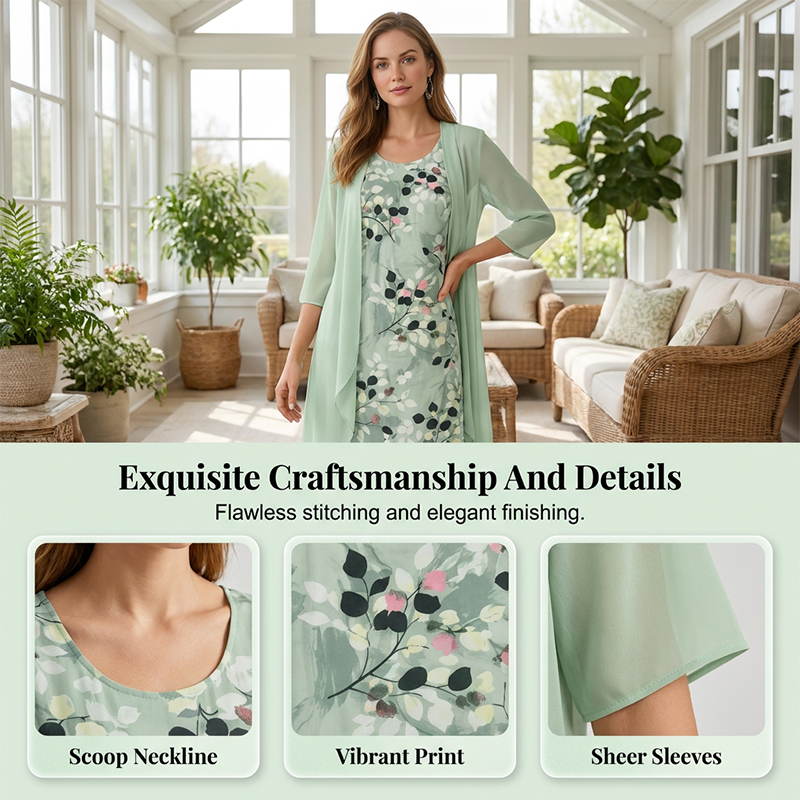 A women’s elegant chiffon dress and cardigan 2-piece set by Arenzza, featuring a flowing dress and matching lightweight cardigan.
