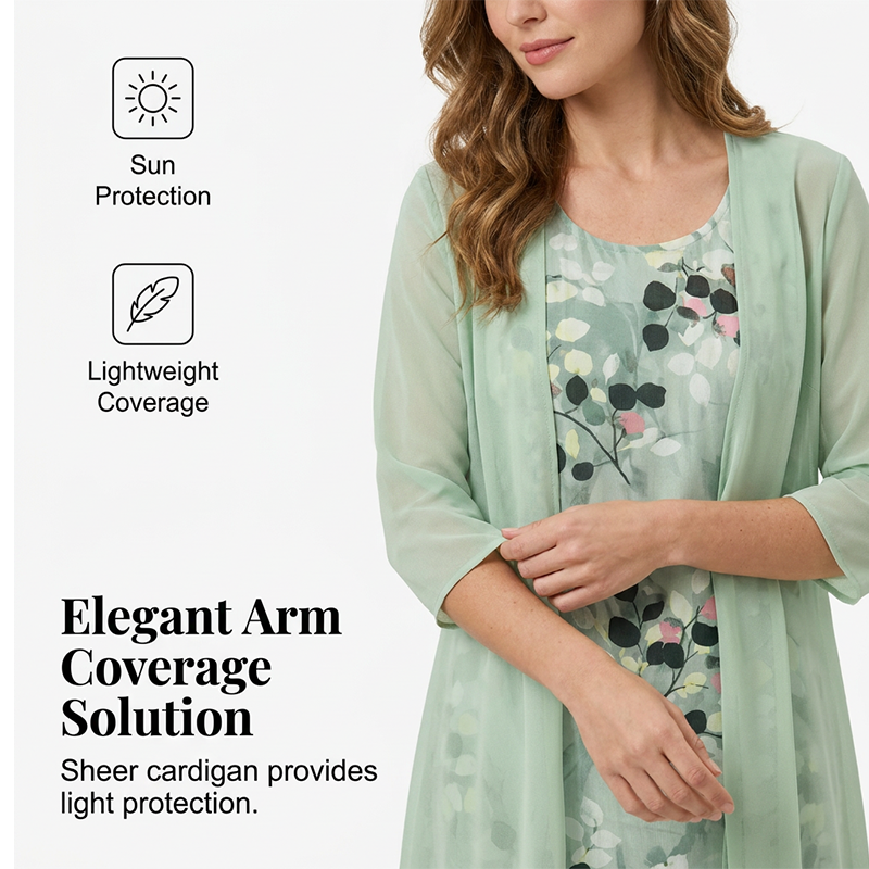 Women's elegant chiffon dress and cardigan 2-piece set by Arenzza, featuring a stylish lightweight dress with matching cardigan.