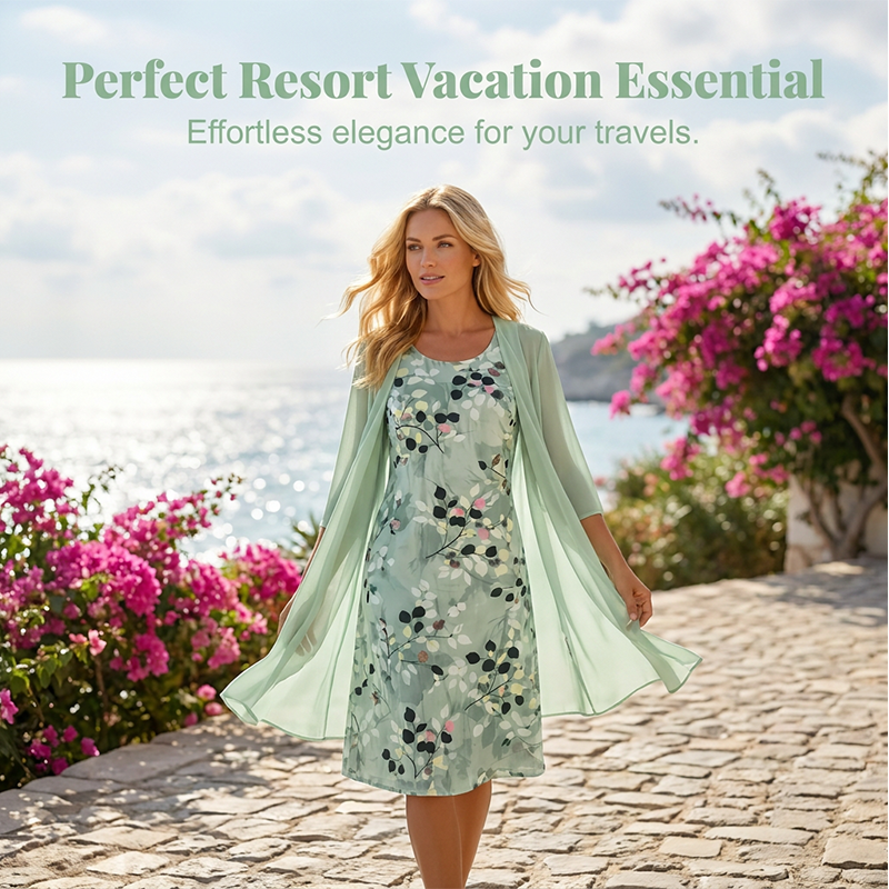 Women's elegant chiffon dress and cardigan 2-piece set by Arenzza, featuring lightweight fabric and stylish design.